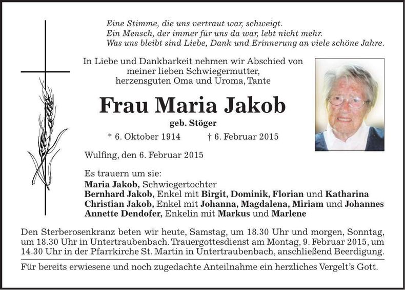 Traueranzeige Maria Jakob