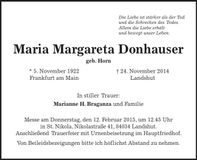 Traueranzeige Maria Margareta Donhauser
