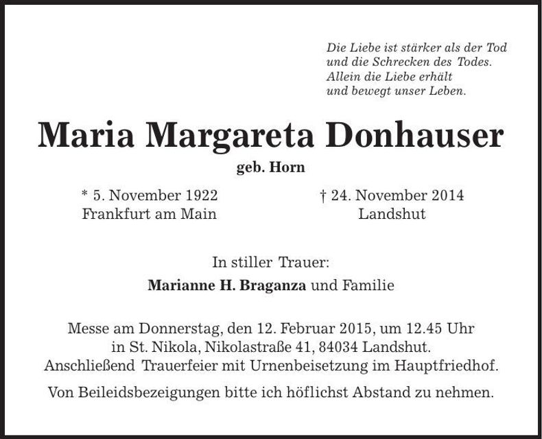Traueranzeige Maria Margareta Donhauser