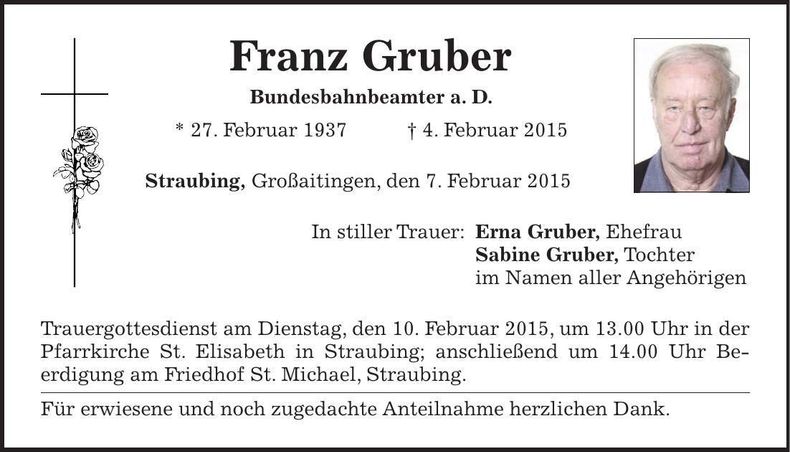 Traueranzeige Franz Gruber