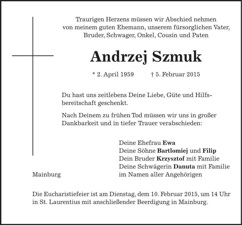 Traueranzeige Andrzej Szmuk