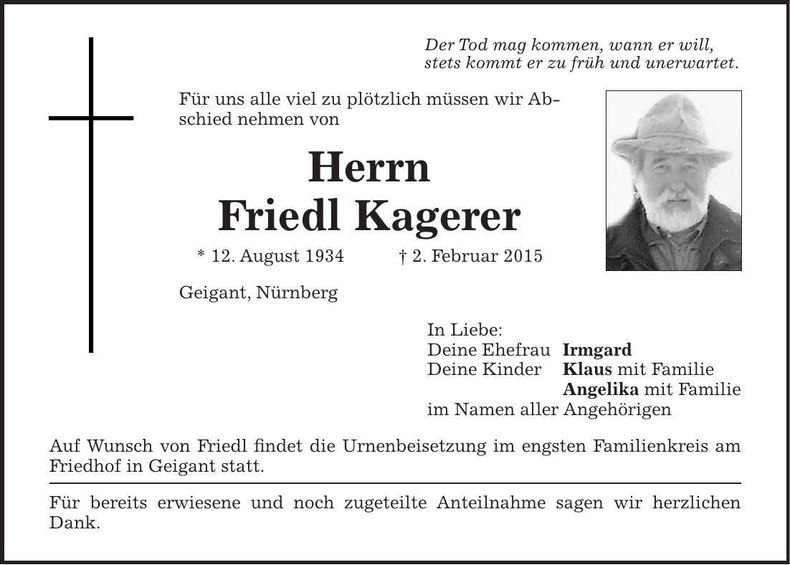Traueranzeige Friedl Kagerer