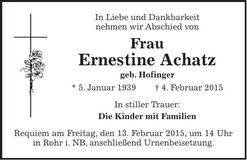 Traueranzeige Ernestine Achatz