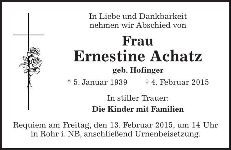 Traueranzeige Ernestine Achatz