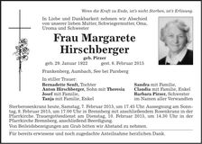 Traueranzeige Margarete Hirschberger