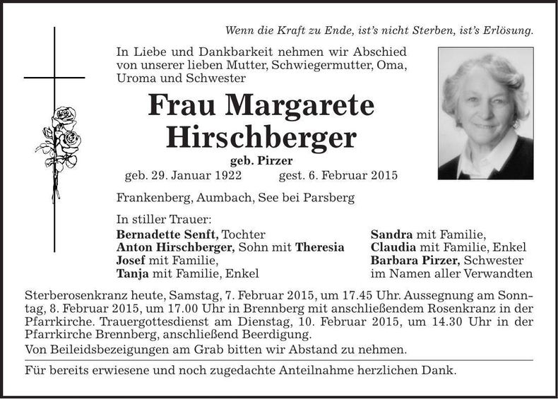 Traueranzeige Margarete Hirschberger