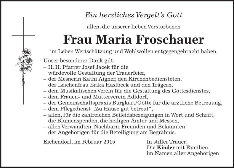 Traueranzeige Maria Froschauer