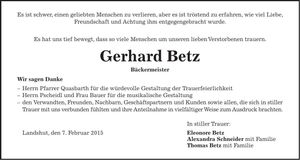 Traueranzeige Gerhard Betz