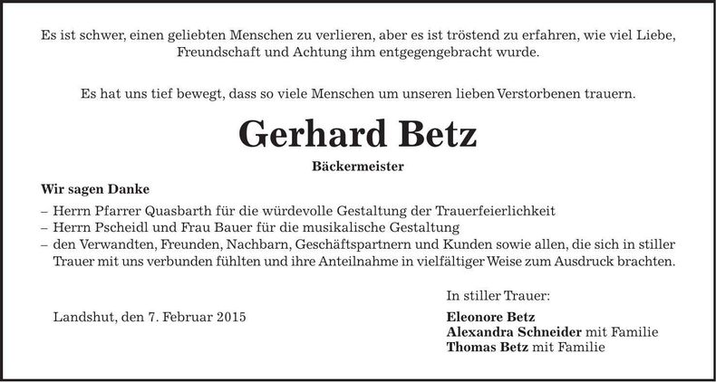 Traueranzeige Gerhard Betz