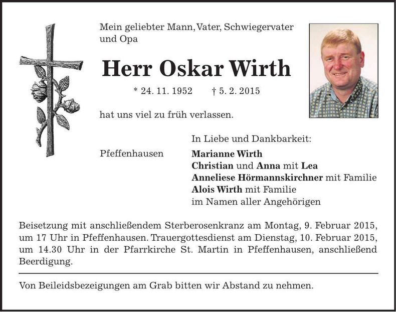 Traueranzeige Oskar Wirth