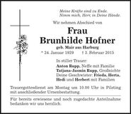 Traueranzeige Brunhilde Hofner