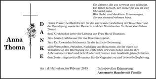Traueranzeige Anna Thoma