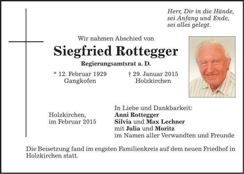 Traueranzeige Siegfried Rottegger