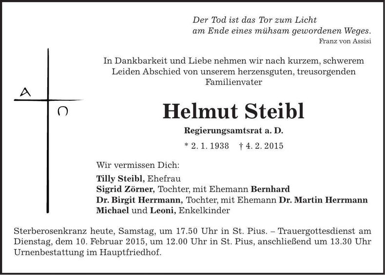 Traueranzeige Helmut Steibl