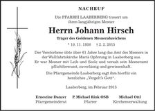 Traueranzeige Johann Hirsch