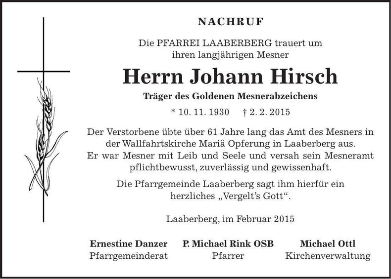 Traueranzeige Johann Hirsch