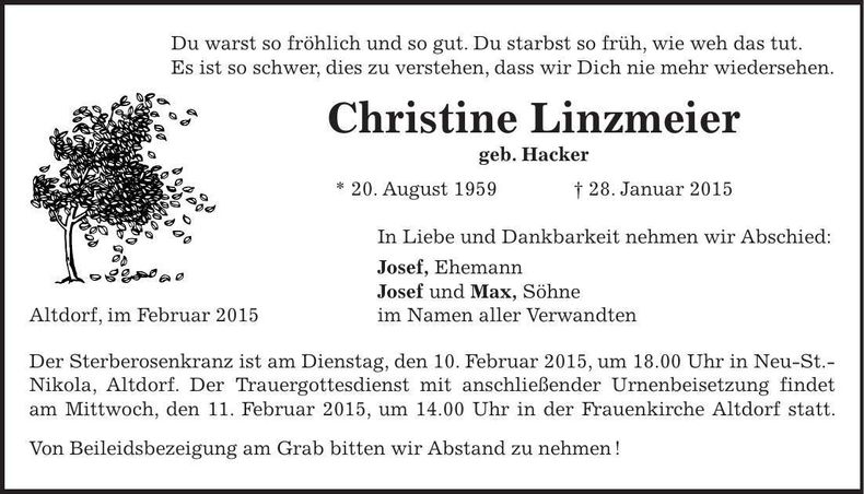 Traueranzeige Christine Linzmeier