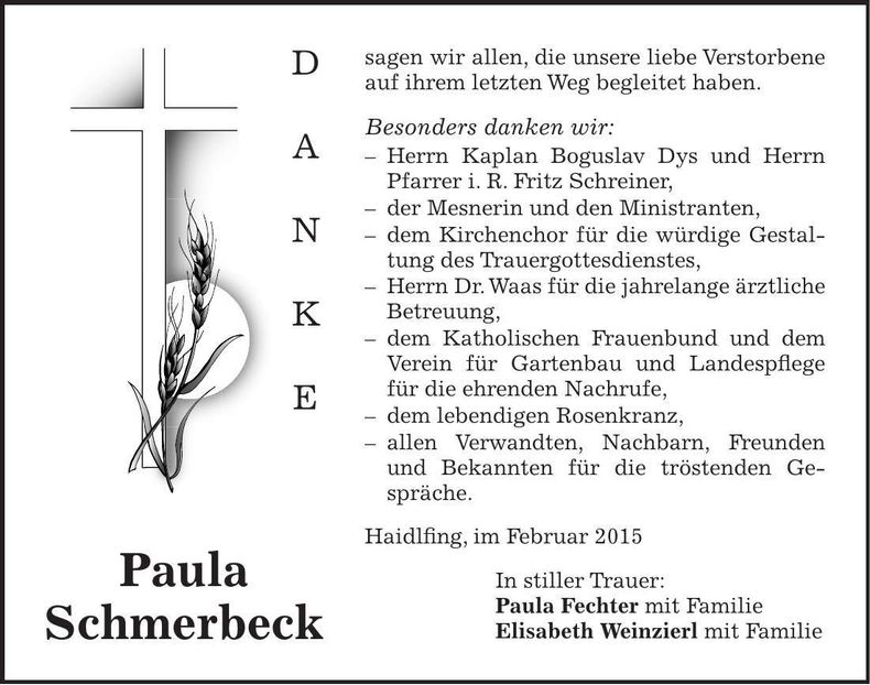 Traueranzeige Paula Schmerbeck