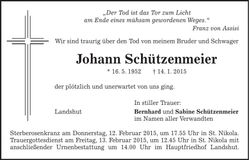 Traueranzeige Johann Schützenmeier