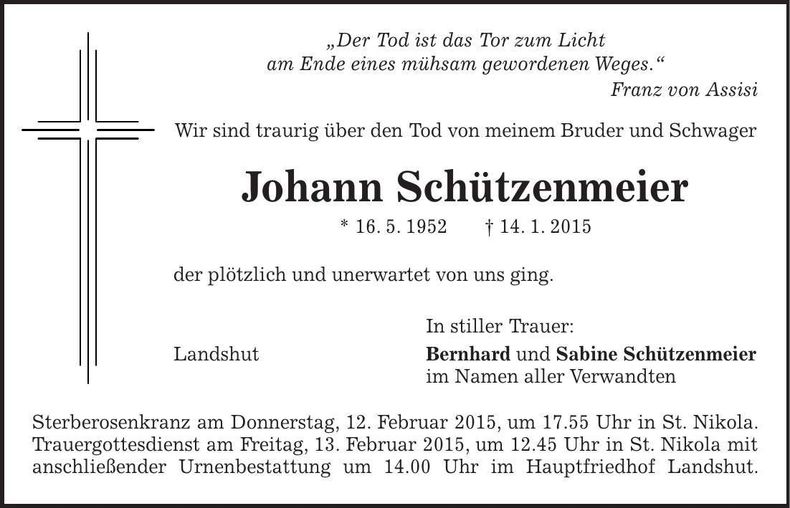 Traueranzeige Johann Schützenmeier