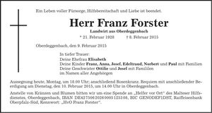 Traueranzeige Franz Forster