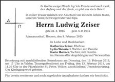 Traueranzeige Ludwig Zeiser