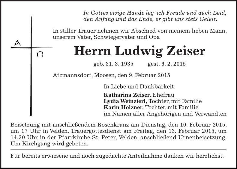 Traueranzeige Ludwig Zeiser