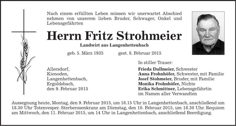 Traueranzeige Fritz Strohmeier