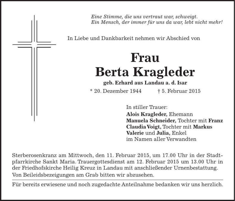 Traueranzeige Berta Kragleder