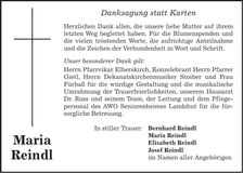 Traueranzeige Maria Reindl