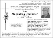 Traueranzeige Magdalena Oberhofer