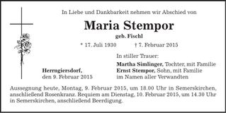 Traueranzeige Maria Stempor