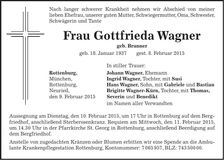 Traueranzeige Gottfrieda Wagner