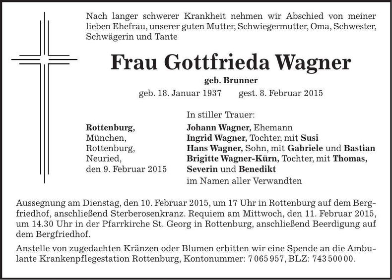 Traueranzeige Gottfrieda Wagner