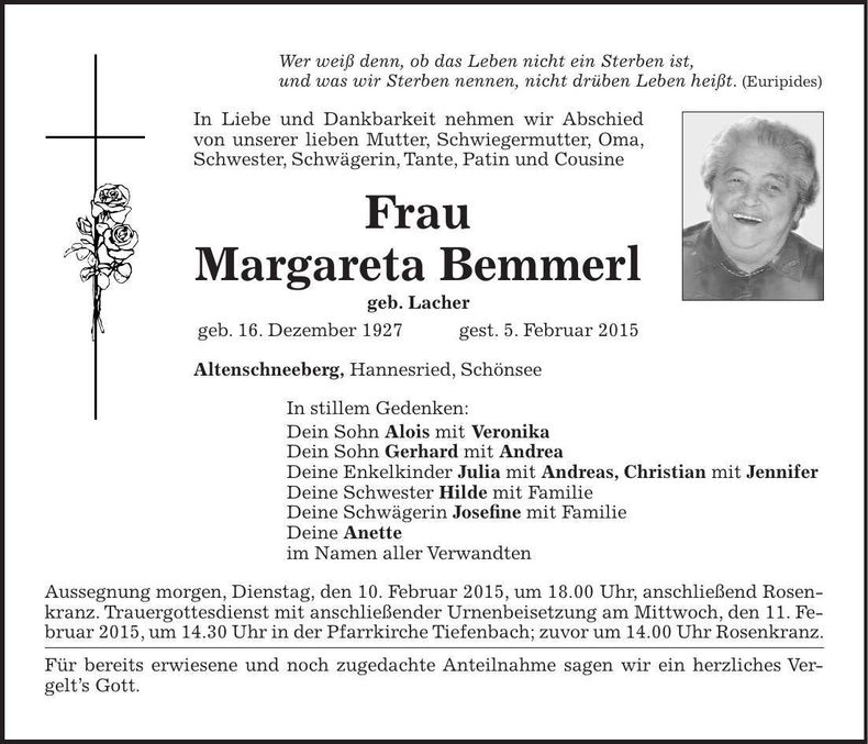 Traueranzeige Margareta Bemmerl