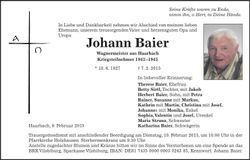 Traueranzeige Johann Baier