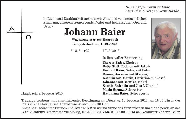 Traueranzeige Johann Baier