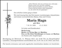 Traueranzeige Maria Hagn