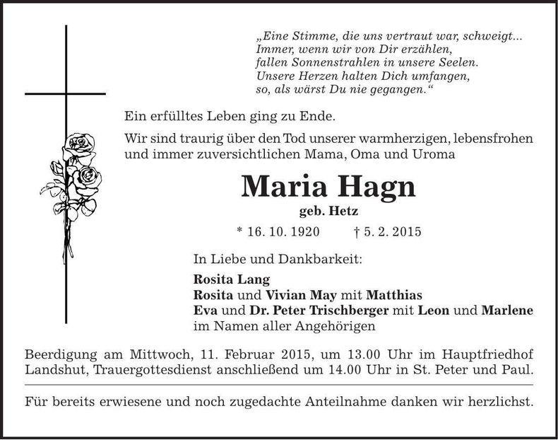 Traueranzeige Maria Hagn