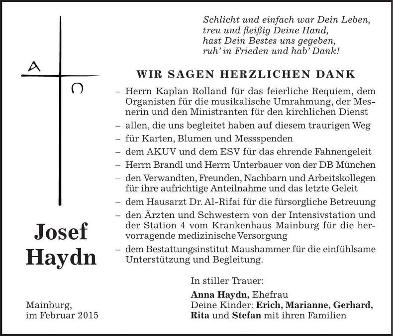 Traueranzeige Josef Haydn