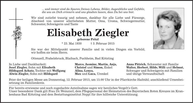 Traueranzeige Elisabeth Ziegler