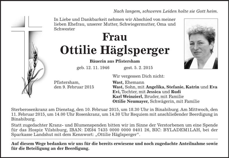 Traueranzeige Ottilie Häglsperger