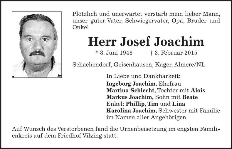 Traueranzeige Josef Joachim