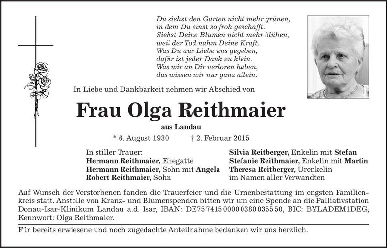 Traueranzeige Olga Reithmaier