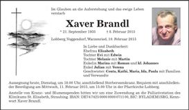 Traueranzeige Xaver Brandl