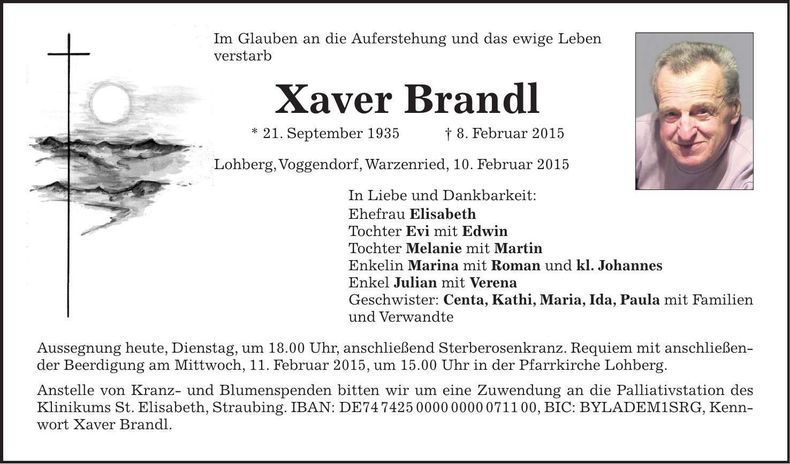 Traueranzeige Xaver Brandl