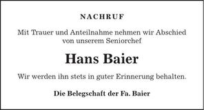 Traueranzeige Hans Baier
