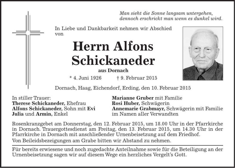 Traueranzeige Alfons Schickaneder