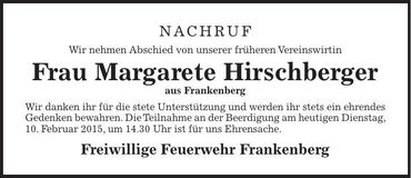 Traueranzeige Margarete Hirschberger