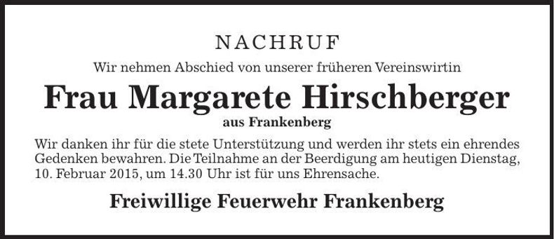 Traueranzeige Margarete Hirschberger